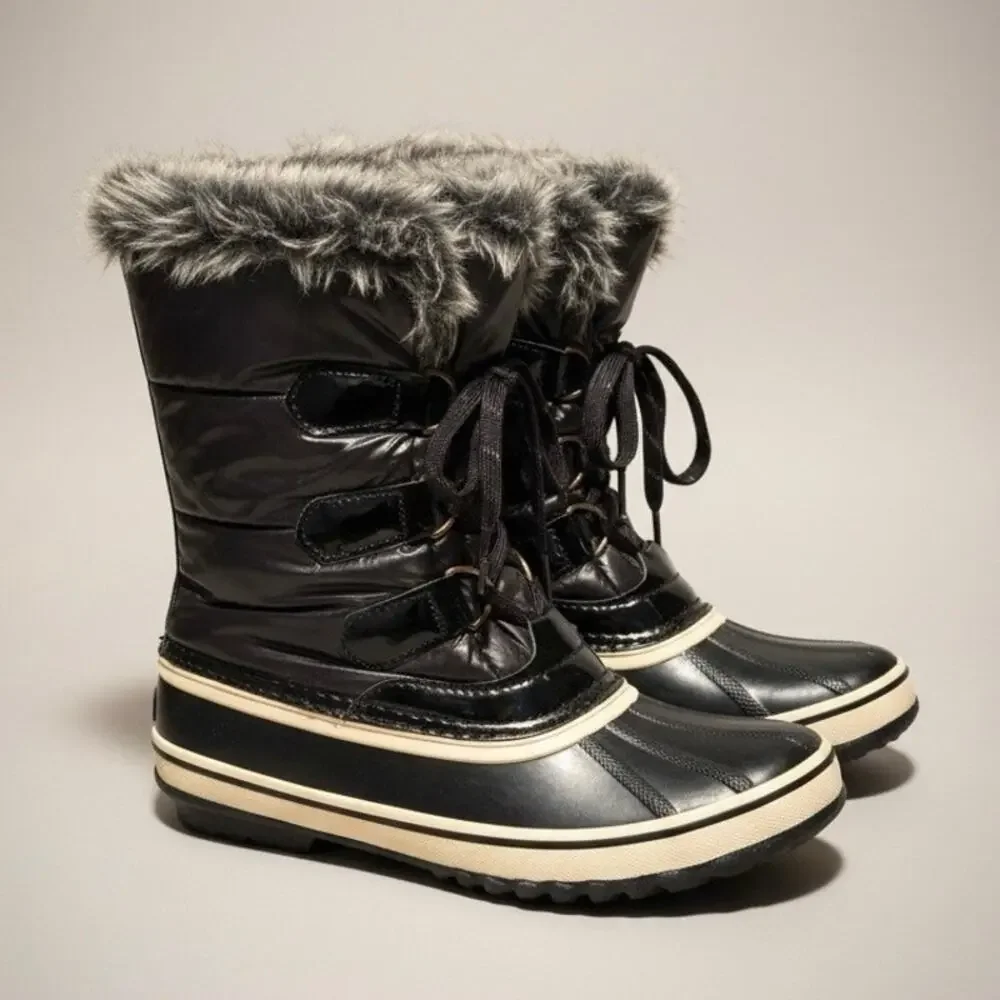 Sporto Winnie cold-weather winter black rubber fluffy fur lined Snow boots Sz 9